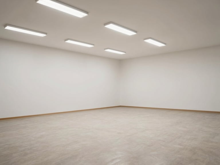 Wide shot of a bare empty event hall with plain white walls, neutral floors, no decoration, harsh overhead fluorescent light — the raw space before any styling begins, open and austere