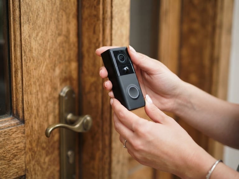 Medium close-up of hands holding a smart doorbell camera against a warm wooden doorway, soft natural daylight, shallow depth of field.