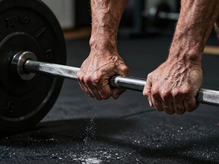 Extreme close-up of callused hands gripping a steel barbell, chalk dust mid-air, studio strobe lighting from the left casting hard shadow on knuckles and veins, black floor visible below, no face, raw and physical