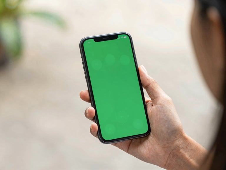 Close up of an Indonesian woman holding a smartphone displaying a clean green financial app interface, bright natural daylight, warm editorial style