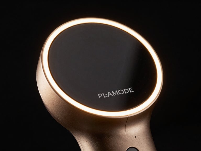 Macro close-up of NINEONE PLAMODE medical beauty device, metallic gold accents on deep black mirror glass, dramatic low-key studio lighting, sharp rim lights, 85mm