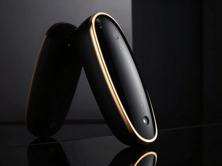 Dramatic side profile of a luxury black medical beauty device, sharp gold rim lighting, deep black mirror reflections, 85mm