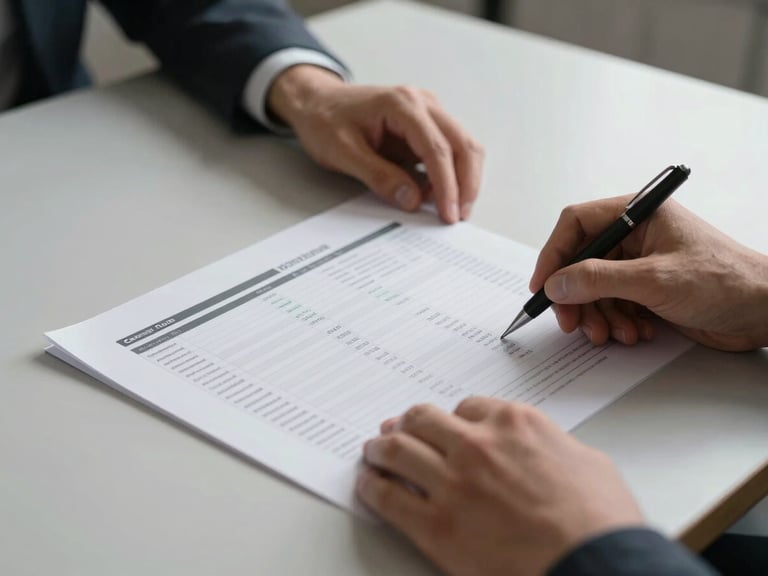 Close-up wide shot of hands reviewing a printed campaign performance report on a clean conference table, studio strobe lighting, conversion rate columns and attributed revenue rows visible, no faces, pen resting on the document