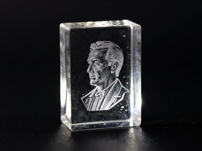 dramatic low-key product photography, sharp backlighting, dark obsidian background, glowing glass refraction, macro lens, 50mm, a heavy optical-grade crystal block with a 3D laser-etched portrait suspended inside, catching light from the side