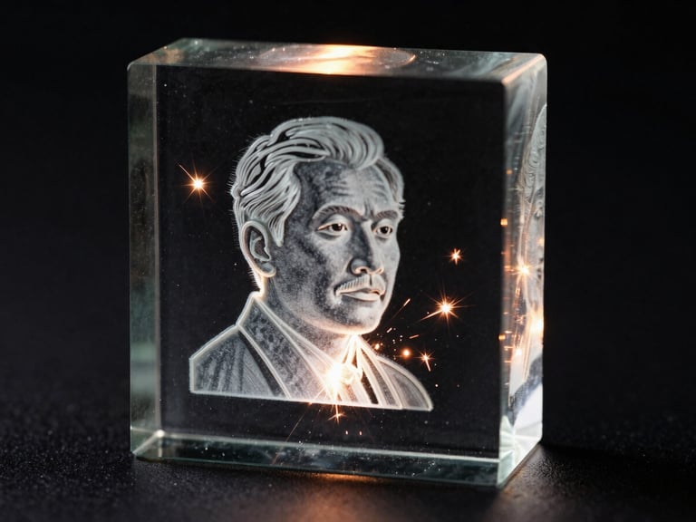 Macro close-up of a precision laser beam etching a glowing 3D portrait inside a solid glass block, sparks of light refracting, dark studio setting