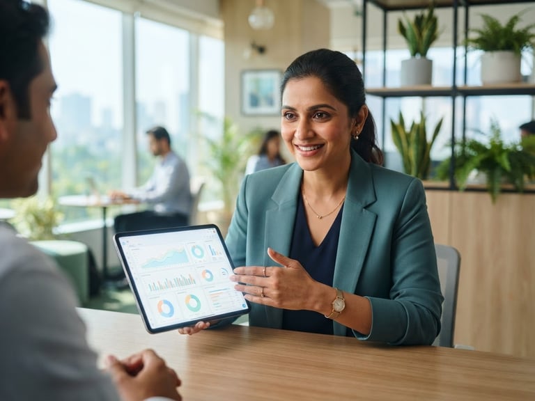 A professional financial advisor presenting a digital wealth dashboard on a tablet, bright natural daylight, soft green and blue tones, 35mm