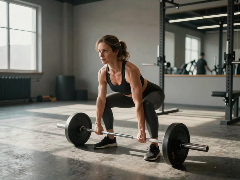 Wide shot of a 50-plus woman mid-rep on a Romanian deadlift in a daylit training space, core visibly braced, neutral spine, natural daylight from a high window casting sharp shadows across the floor, no other people in frame