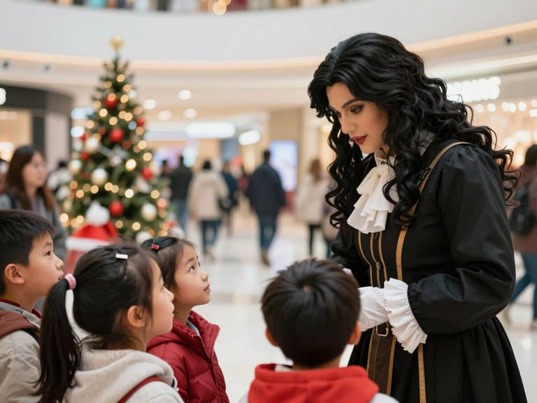 Medium close-up of premium, high-quality costumed characters interacting warmly with kids at a beautifully decorated shopping mall plaza during a holiday activation