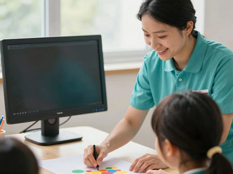 Close-up of a smiling recreation monitor in a clean teal uniform guiding a child safely during a creative workshop, bright natural daylight.