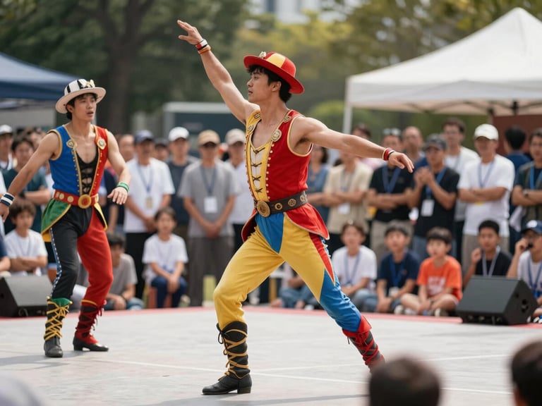 Dynamic action shot of professional circus performers in immaculate, colorful costumes entertaining a crowd of families under bright, natural daylight at an outdoor corporate event.