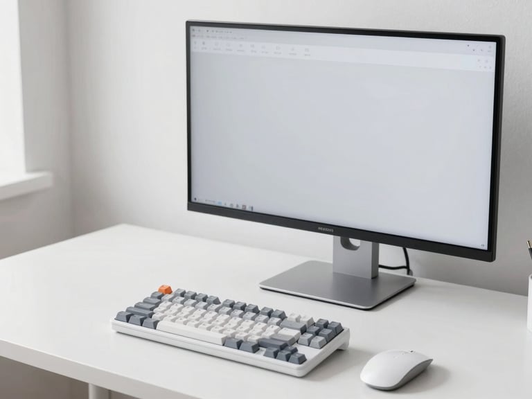 Ergonomic home office setup, clean white desk, high-resolution monitor, mechanical keyboard, professional lighting, sharp focus