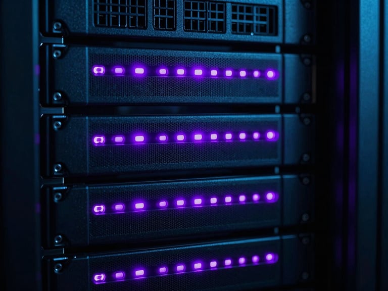 Macro shot of a dark server rack with intense purple LED status lights, high contrast, cyber security style, 35mm