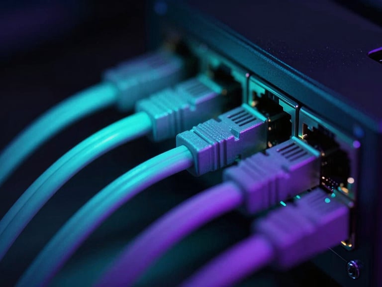 Extreme close-up of a high-speed network switch with glowing cyan and violet fiber optic cables, macro lens, deep tech aesthetic