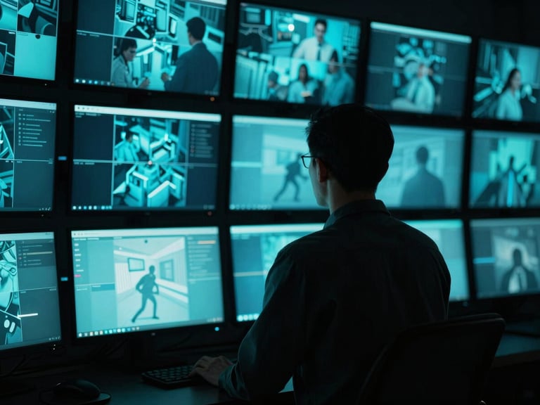 An analyst in shadow illuminated only by the cyan glow of multiple security monitoring screens, low-key lighting, 35mm