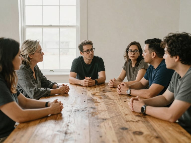 A quiet wide-angle shot of community leaders collaborating around a rustic wooden table, soft natural lighting, warm editorial aesthetic.