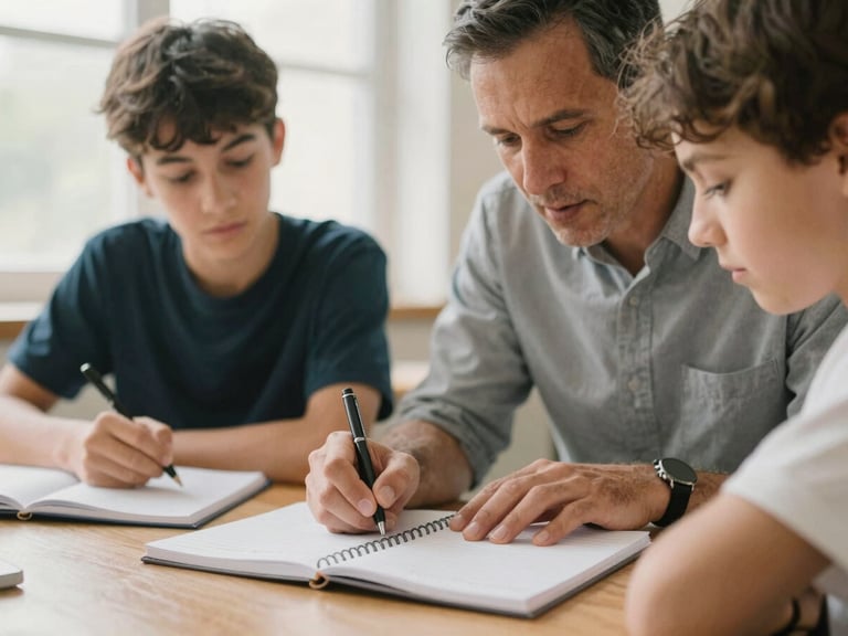 Candid medium shot of a mentor guiding a high school student over a notebook, soft natural light, shallow depth of field, warm tones.