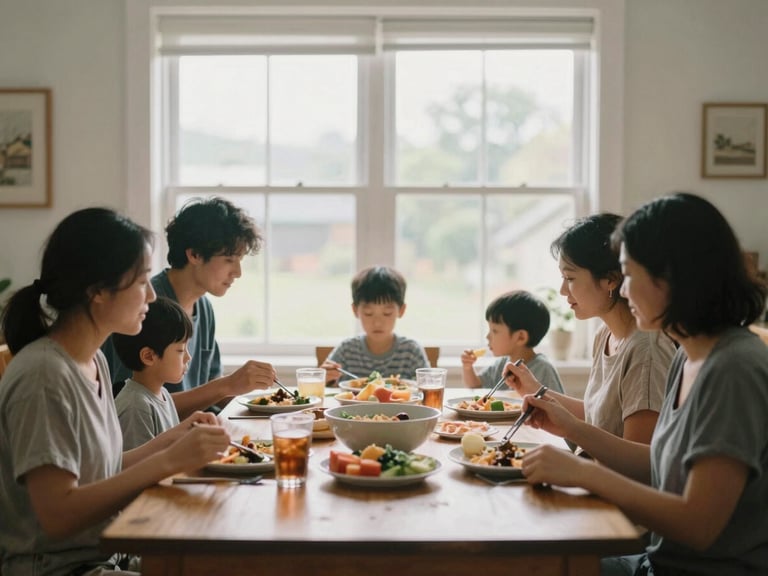 A warm documentary photograph of a family sharing a meal in a sunlit dining room, soft overcast daylight through the window, authentic connection.