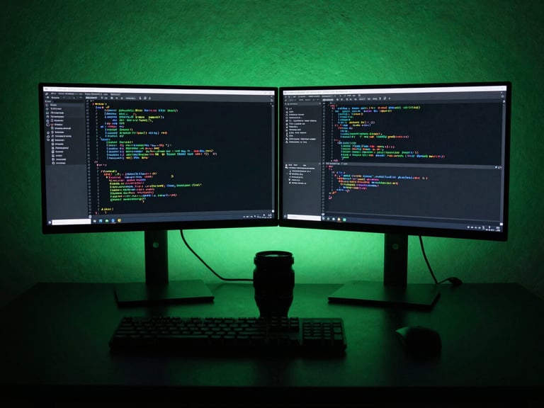 Minimalist workspace setup with green ambient lighting, dual monitors displaying terminal code, high-contrast shadows, macro lens, 35mm
