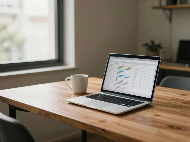 A bright modern workspace in São Paulo, soft natural window light, a clean wooden desk with a laptop showing a clear financial dashboard, coffee mug nearby, warm editorial photography, 35mm
