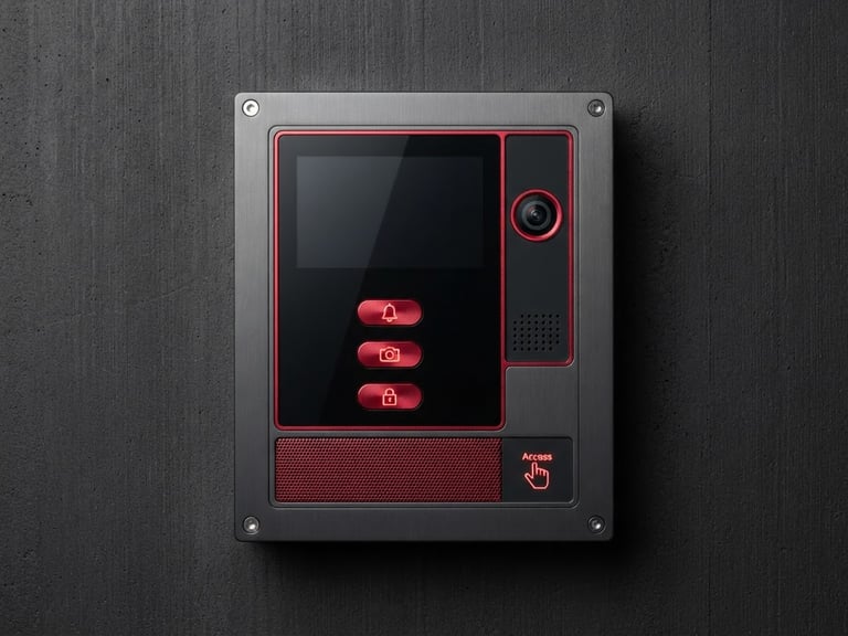 Crisp orthographic shot of a sleek smart intercom terminal with crimson accents on a clean dark architectural background, high-detail macro, 50mm lens