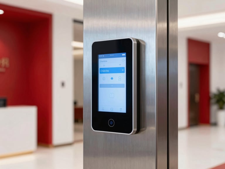 Sleek smart intercom terminal with a glowing touch screen mounted on a brushed steel pillar, modern residential lobby in the background, sharp studio lighting, crimson accents