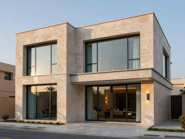 Exterior of a luxury modern Saudi villa with stone cladding and large glass windows, dusk lighting