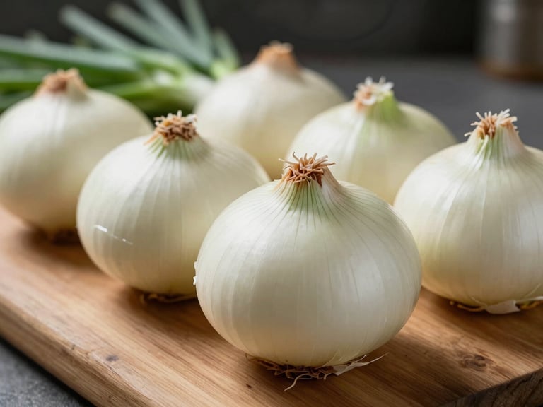 Macro detail of freshly harvested white onions showing clean outer skins and green stems, arranged neatly on a wooden sorting table.