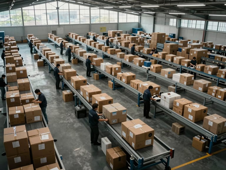 Overhead wide-angle view of a logistics hub floor, workers coordinating parcels across sorting lanes under industrial daylight filtering through high clerestory windows, depth of field emphasizing operational scale