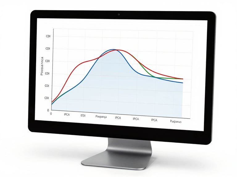 Overhead view of a desktop monitor displaying a multi-line comparison chart with three colored curves labeled CDI, Poupança, and IPCA, clean white background, soft studio lighting, no people