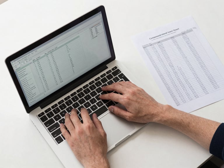 Overhead flat-lay of a desk: hands typing on a laptop keyboard displaying a financial calculator interface with formula fields, a printed spreadsheet with handwritten compound interest calculations visible to the right, soft neutral studio lighting, clean white surface, no shadows