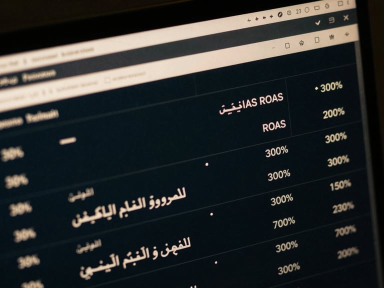 Close-up of a laptop screen displaying a detailed ROAS report with a 300% increase, Arabic text and numbers, high-contrast directional light, deep charcoal and warm gold tones, sharp focus, 35mm.
