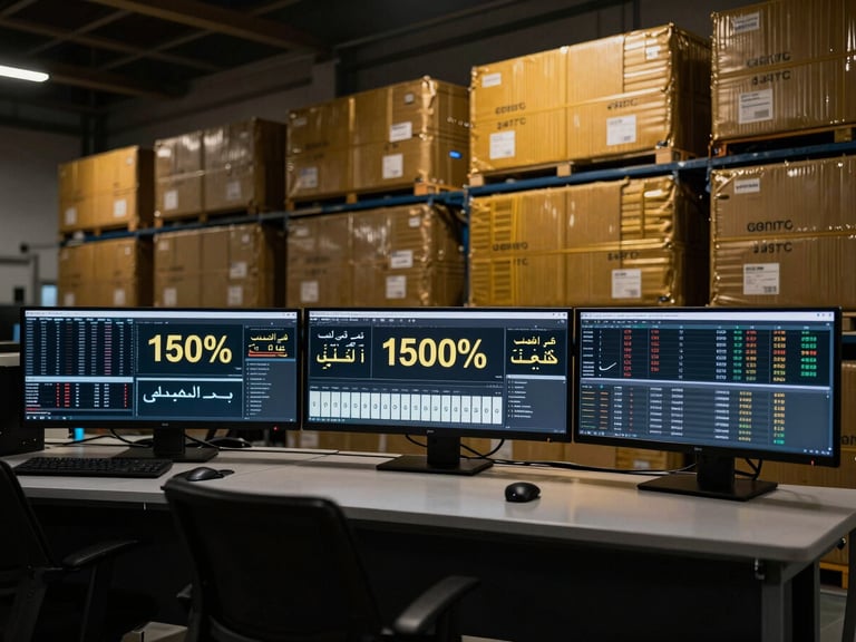Wide shot of a modern logistics center dashboard, showing a 150% increase in lead generation metrics in Arabic, high-contrast directional light, deep charcoal and warm gold tones, sharp focus, 35mm.