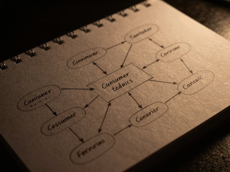 Close-up of a strategist sketching consumer behavior flows on a dark paper notebook, warm directional light, high contrast