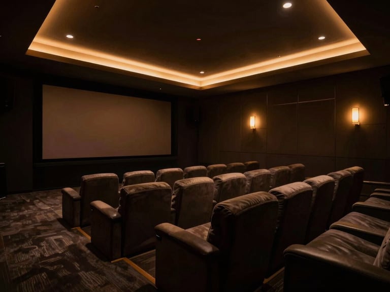 Wide environmental shot of an empty ultra-luxury home theater, low-key dramatic architectural lighting, warm amber glows, deep controlled shadows, anamorphic lens, 35mm