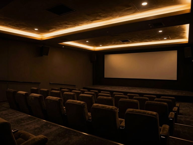Wide panoramic empty luxury home theater with warm golden-amber linear lighting, deep shadows, anamorphic lens, 35mm photography.