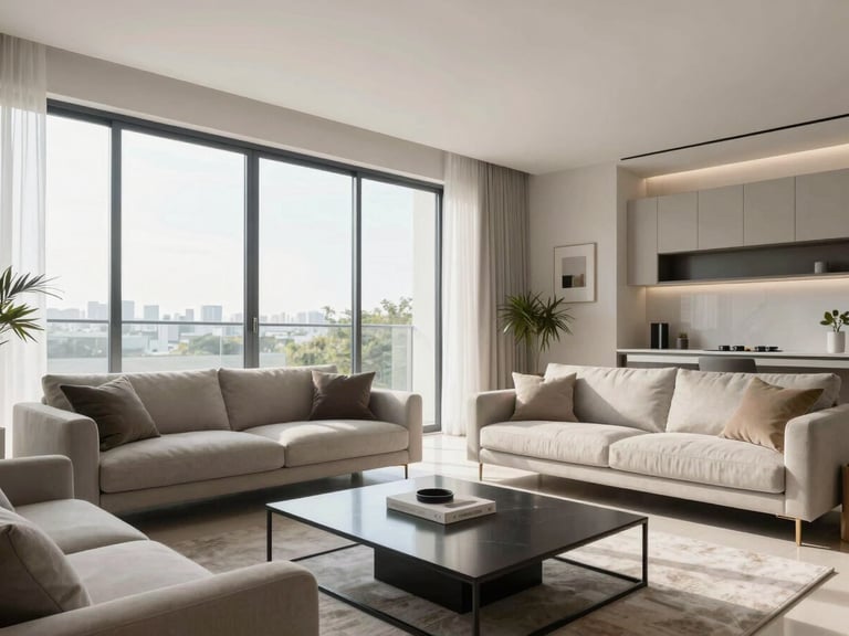 Bright modern apartment living room in Belém, large window with natural daylight, clean minimalist furniture, high-key lighting
