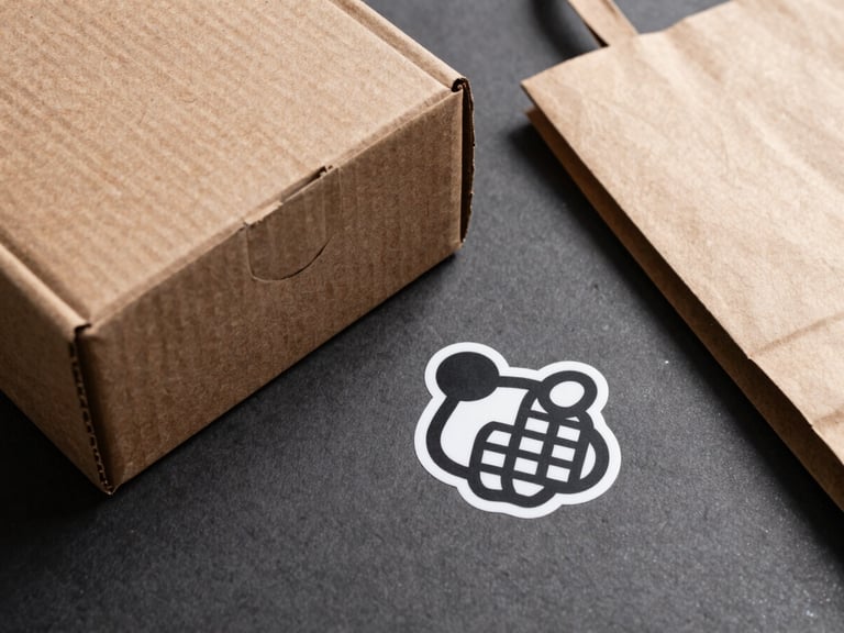 Overhead flat-lay of a custom-printed corrugated box next to a laser-cut sticker and a paper bag, sharp shadows, industrial precision.