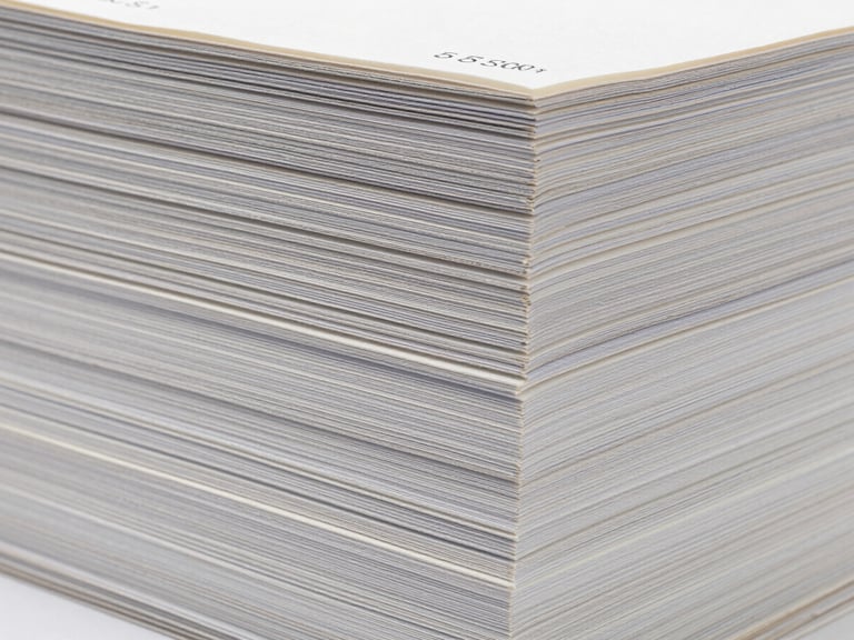 Close-up of a stack of neatly bound bill books with crisp numbering, sharp studio lighting, high-contrast textures.