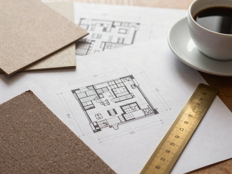 A close-up of a designer's desk with architectural drawings, heavy textured paper samples, a brass ruler, and a cup of black coffee under soft window light, warm mocha and cream palette
