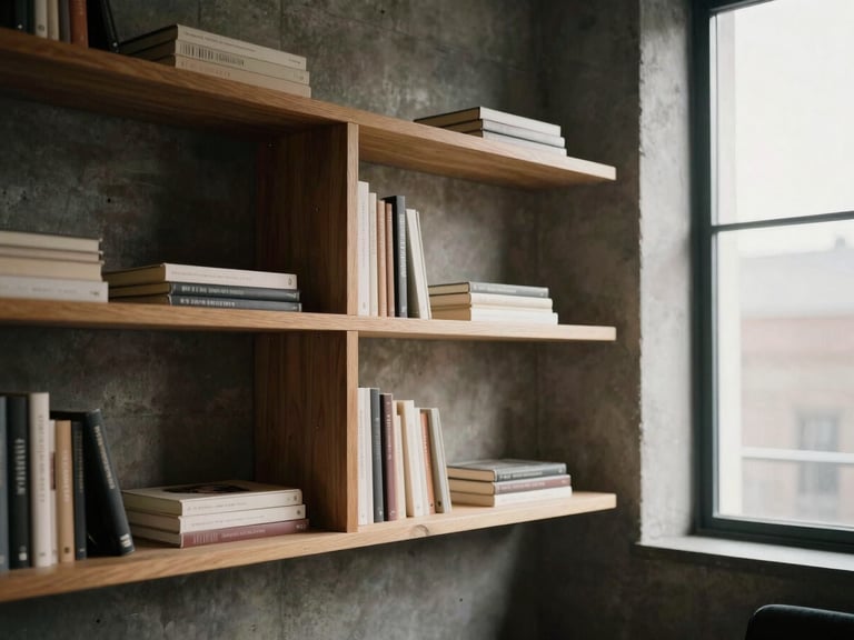 Architectural detail of a minimalist design studio, concrete walls, warm mocha wooden shelving with curated monographs, soft morning window light