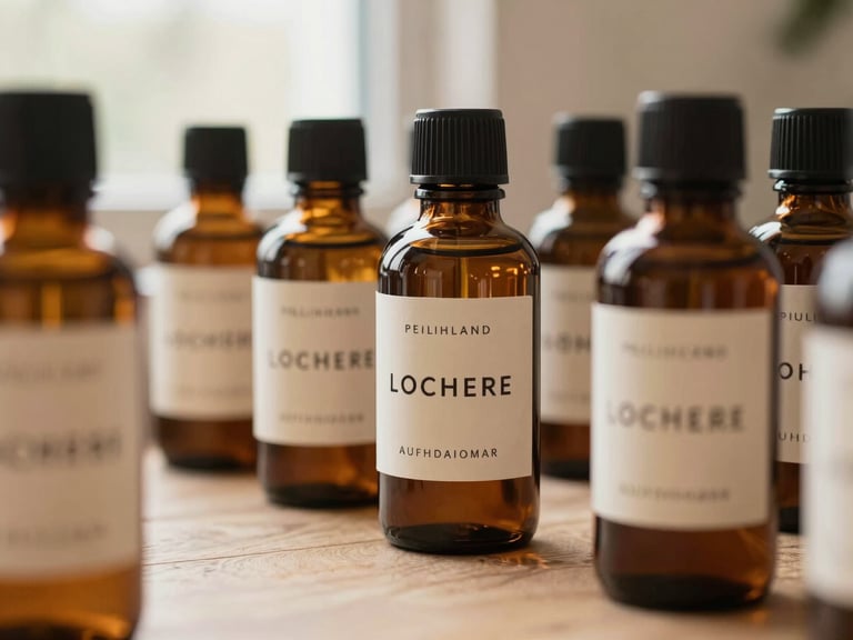 A panoramic view of elegant packaging design for a high-end apothecary brand, warm mocha glass bottles, cream labels, soft window light, 35mm