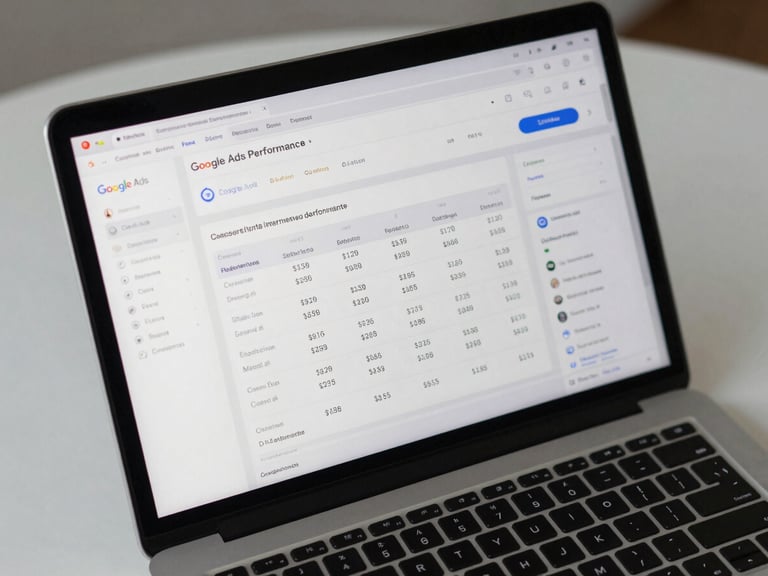 Close-up overhead of a laptop screen displaying a live Google Ads performance dashboard with campaign metrics, cost-per-click columns, and conversion data visible, on a clean white desk under cool daylight