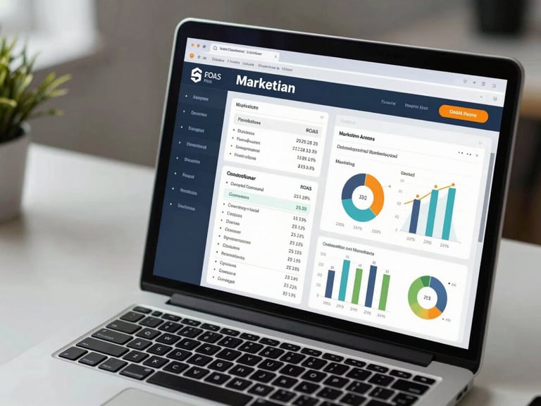 Close-up of a laptop screen displaying a multi-channel marketing analytics dashboard with campaign performance metrics, ROAS figures, and revenue attribution charts, placed on a clean organized desk under cool daylight, screen occupying most of the frame