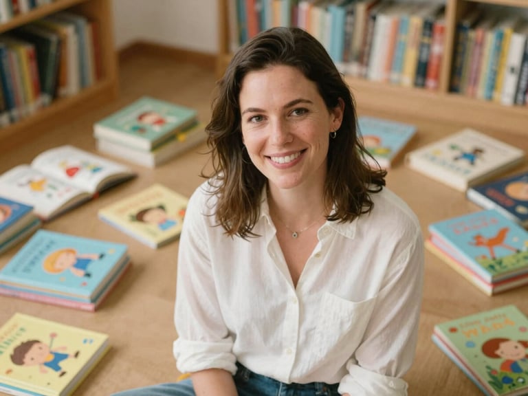 Warm portrait of a smiling female author in a cozy school library filled with children's books, soft natural daylight, rich pastel tones, 35mm