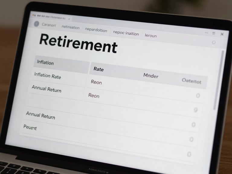 Close-up head-on photograph of a laptop screen displaying a retirement calculator interface with labeled input fields for inflation rate and annual return, cool studio daylight, no glare, crisp typography visible on screen