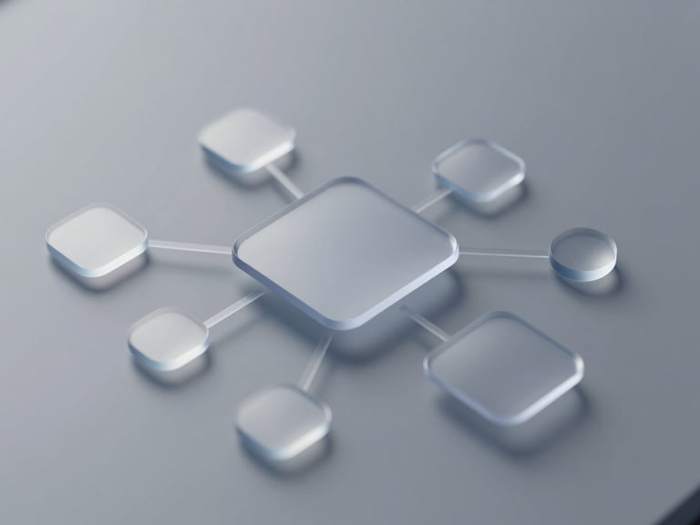Macro close-up of a sleek digital canvas interface, displaying refined vector nodes, translucent glassmorphic cards, and soft cool-toned drop shadows on a minimal gray background