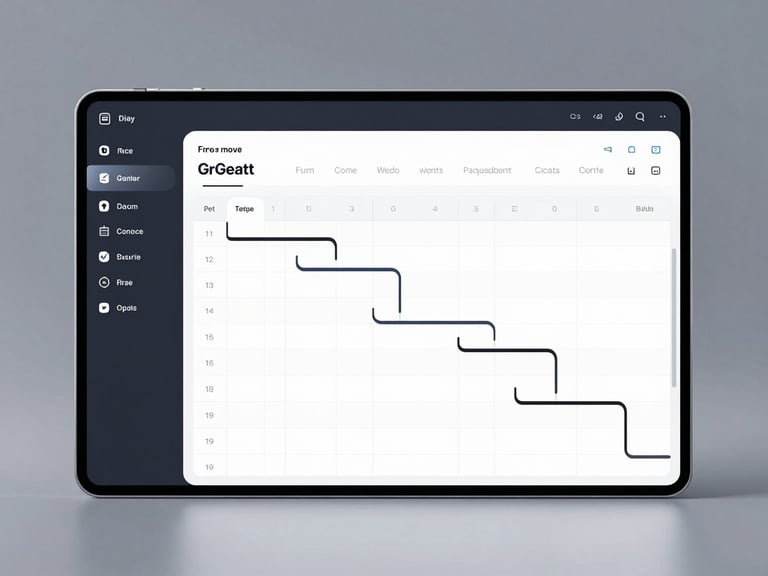 High-fidelity software mockup of a dark-mode Gantt chart and structured task list, clean typography, precise gridlines, and subtle metallic accents under soft studio lighting