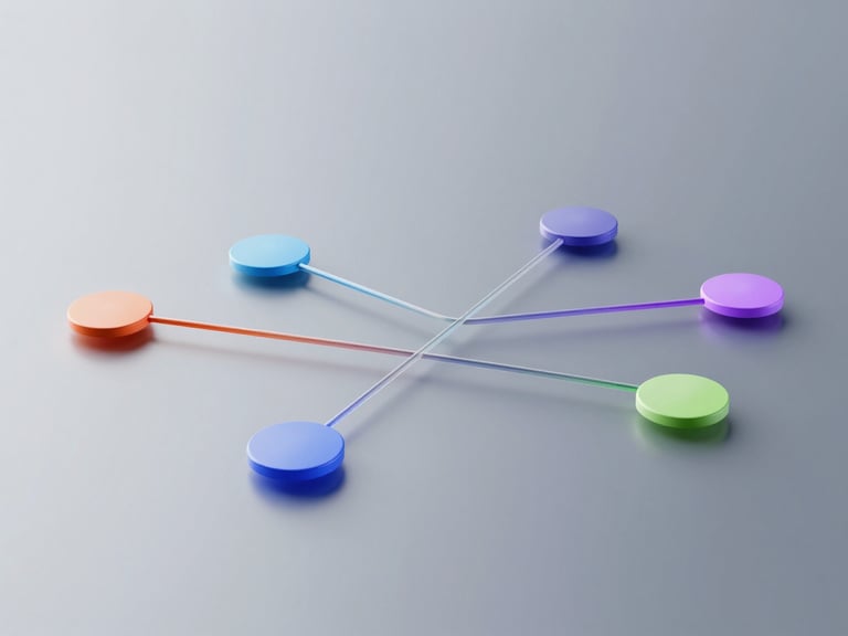 Sleek 3D render of a minimalist software canvas, fluid connection lines linking colorful design nodes, soft studio lighting, cool metallic tones.
