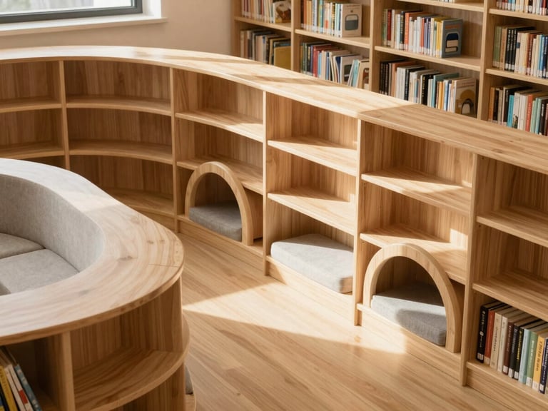 High-angle architectural shot of a modern, sunlit kindergarten library with curved light wood shelves, soft textiles, and custom child-sized reading niches.