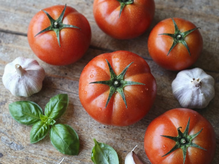 Overhead flat-lay of raw seasonal heirloom tomatoes, garlic bulbs, and fresh basil leaves on a rustic wooden table, soft natural Scandinavian daylight, shallow depth of field, 35mm